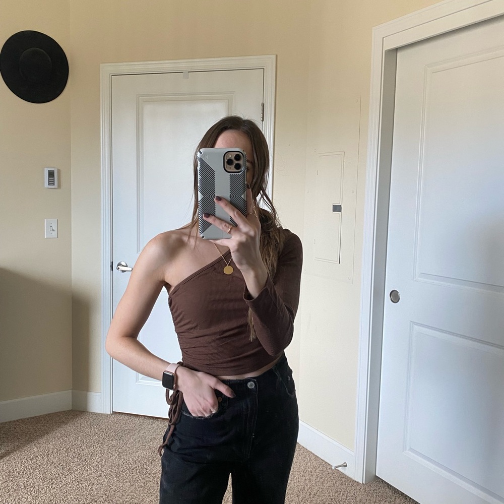 Zaful Brown One-Shoulder Long Sleeve Top